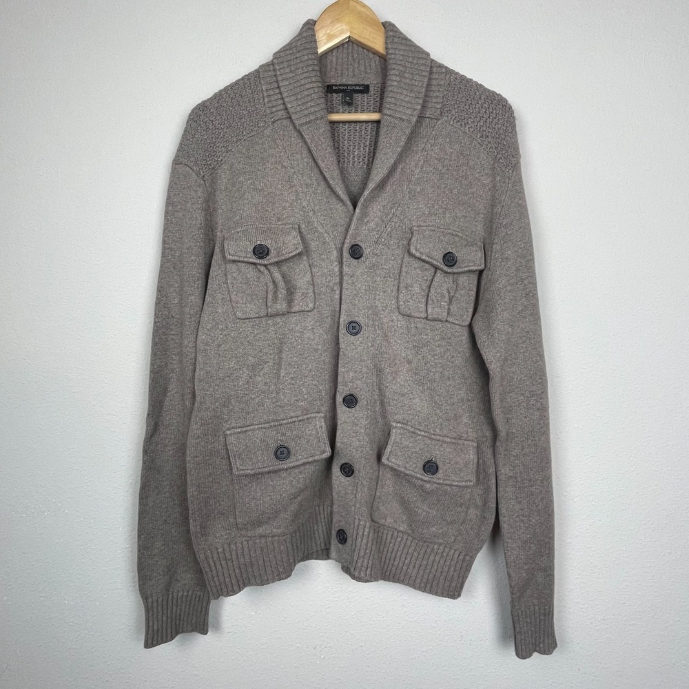 Banana Republic Men's Cardigan L Taupe Grandpa Sweater Patch Pockets